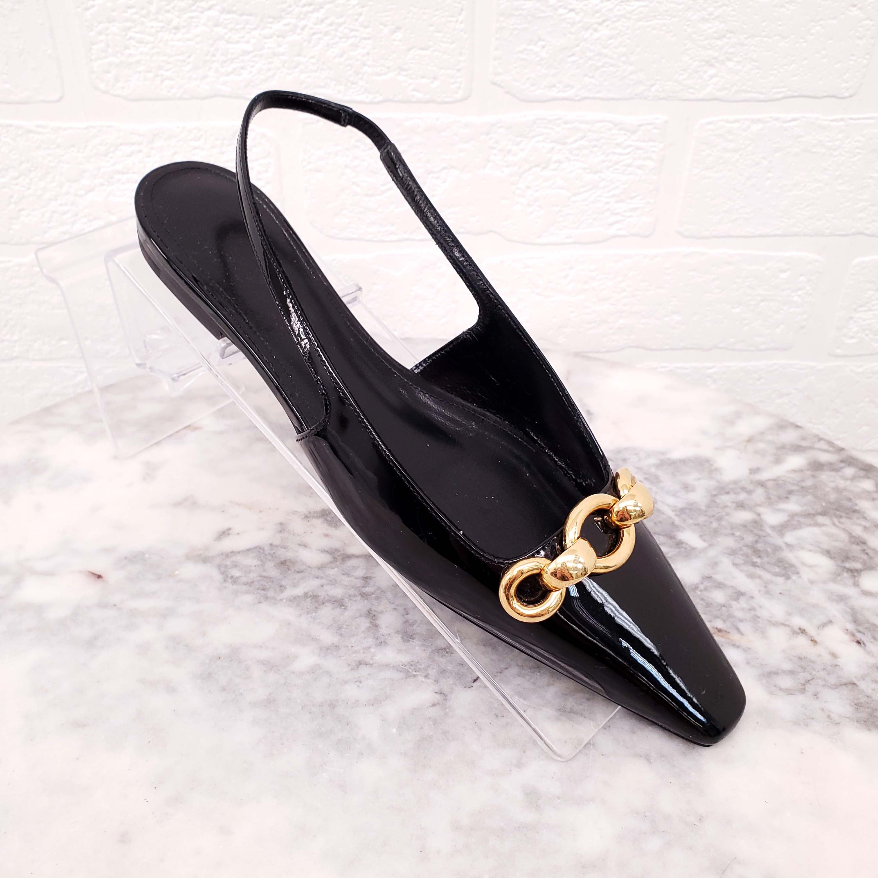 SAINT LAURENT PATENT FLATS WITH GOLD CHAIN DETAIL - SIZE 36