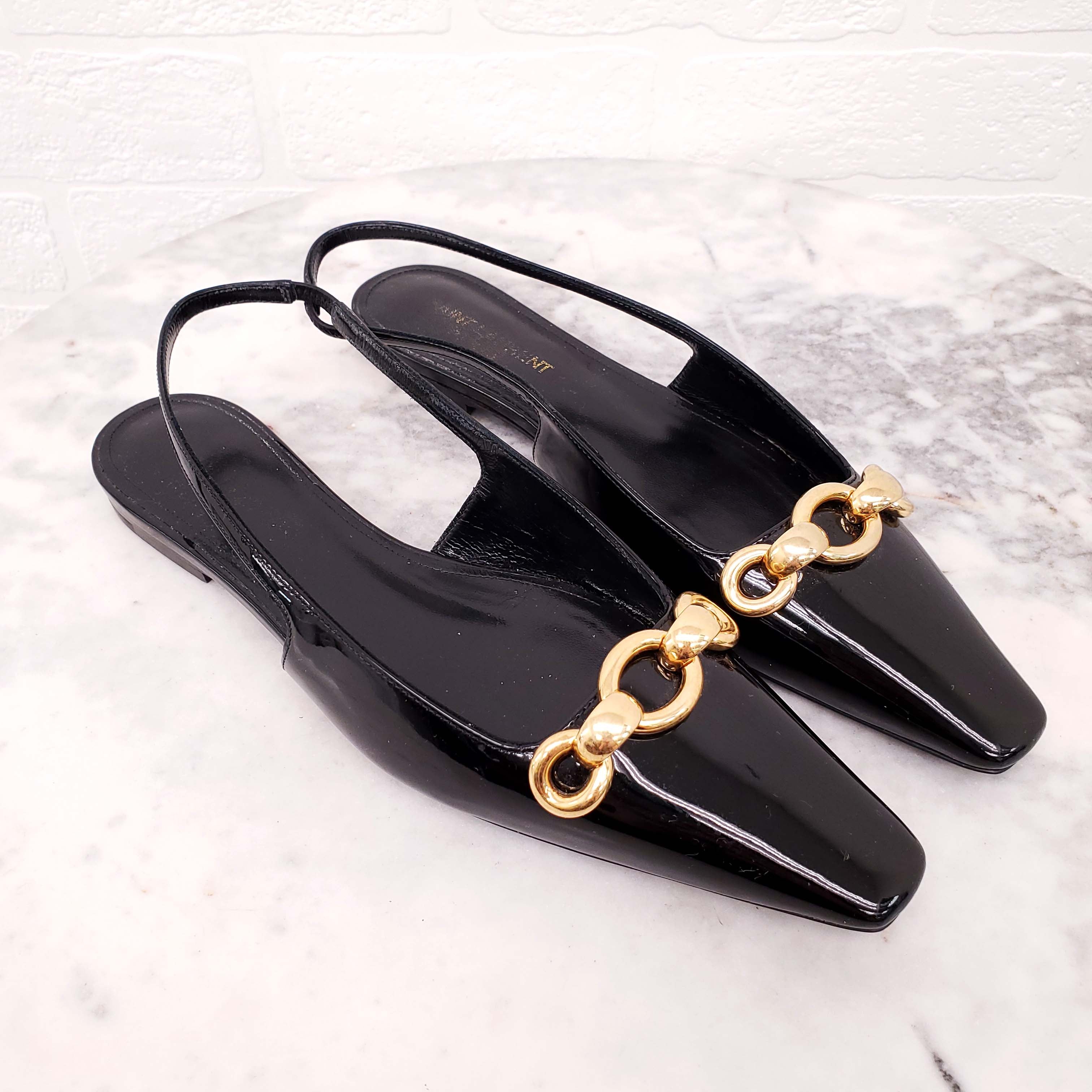 SAINT LAURENT PATENT FLATS WITH GOLD CHAIN DETAIL - SIZE 36