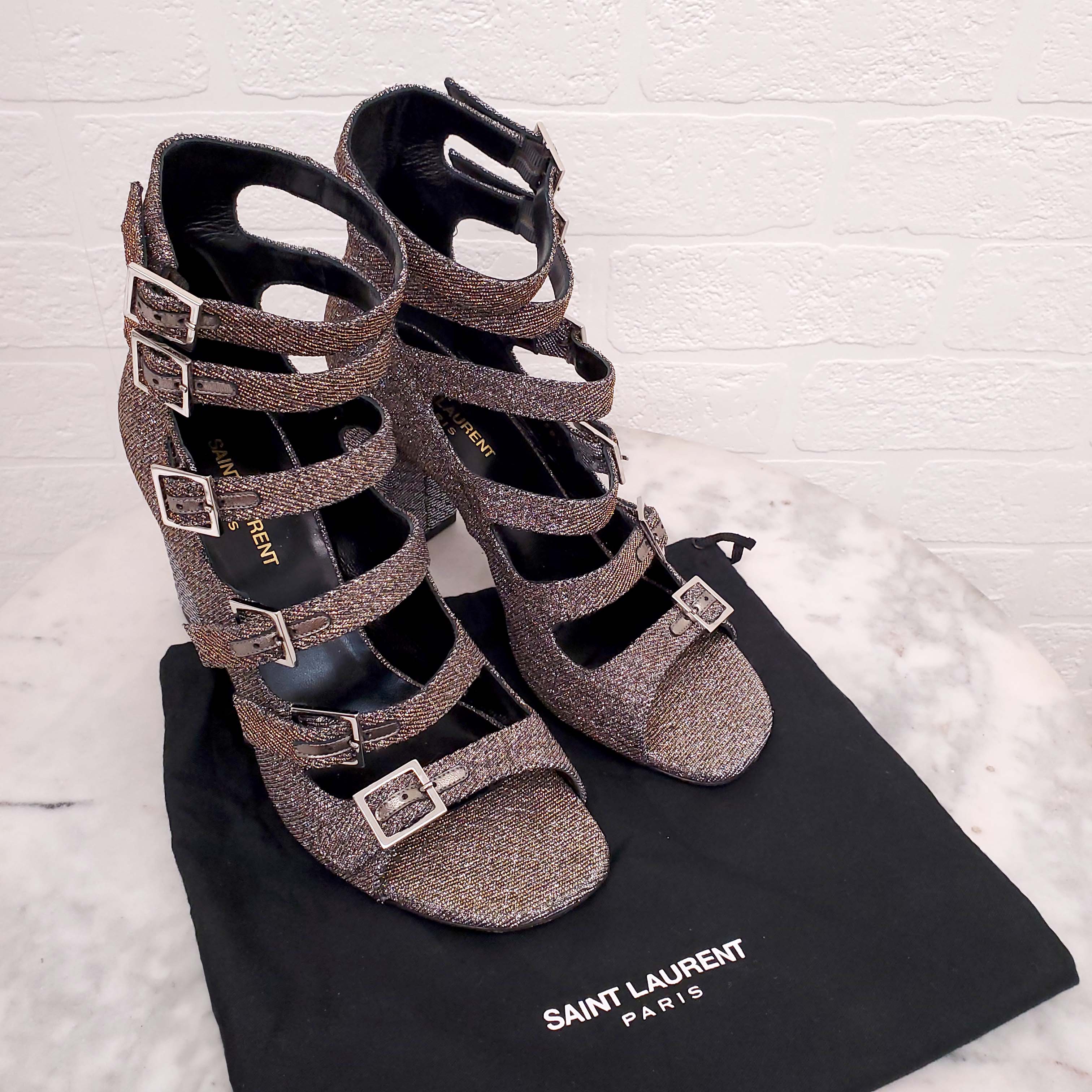 SAINT LAURENT SPARKLE BUCKLE UP BOOTIES - SIZE 38.5