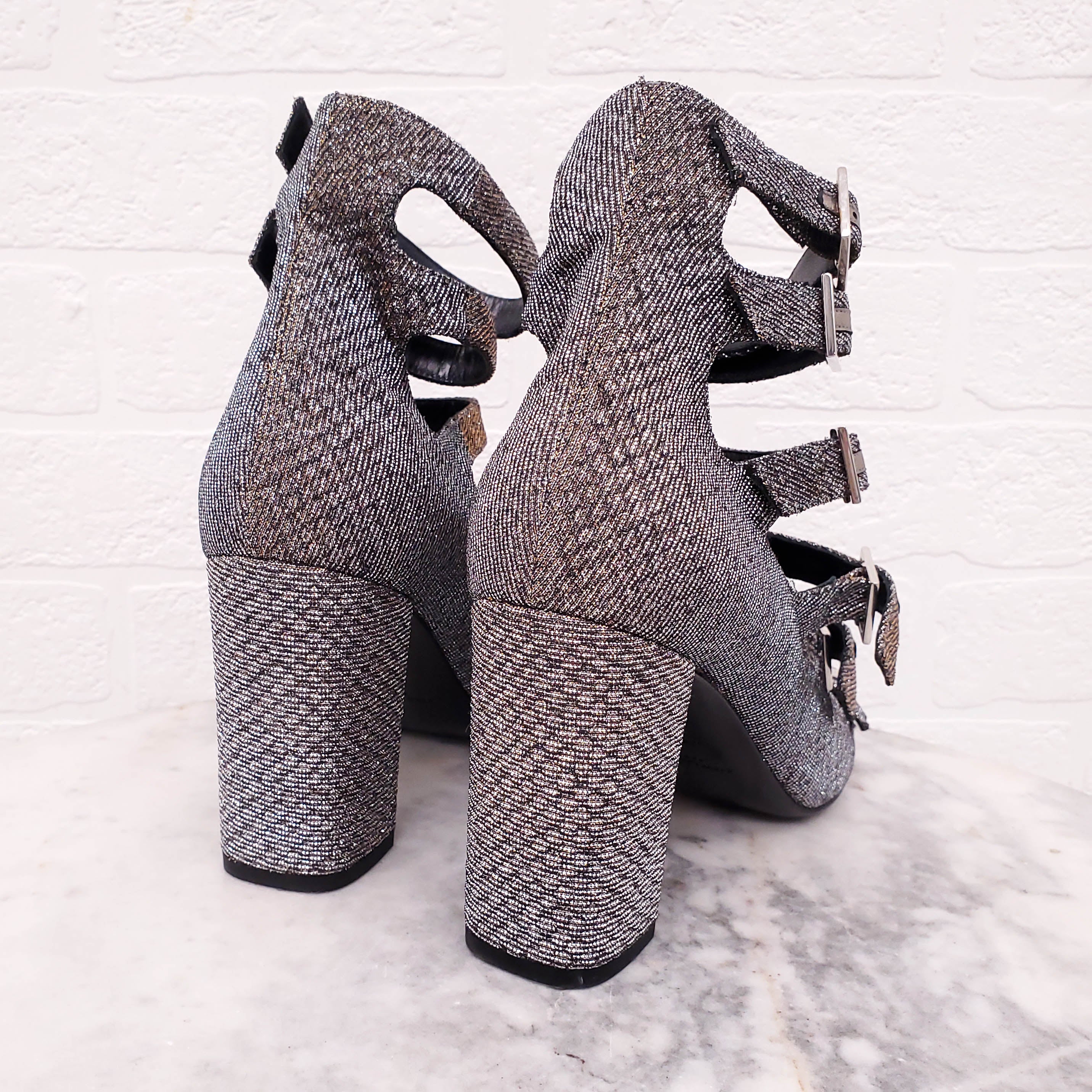 SAINT LAURENT SPARKLE BUCKLE UP BOOTIES - SIZE 38.5