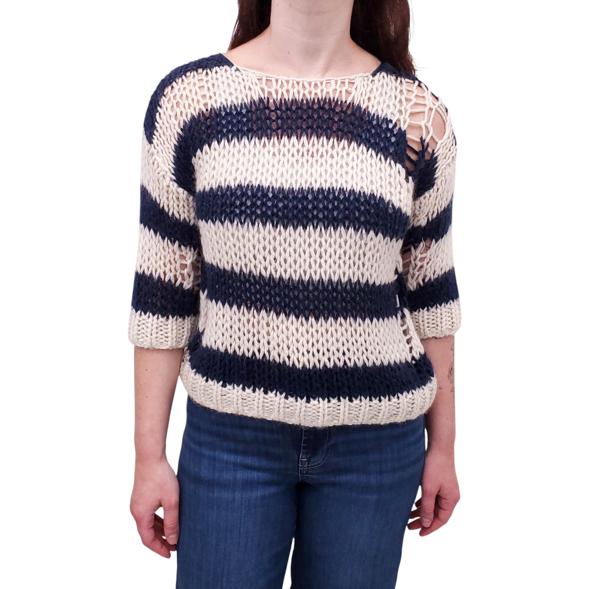 SAINT LAURENT STRIPED SHORT SLEEVE KNIT SWEATER - SIZE M