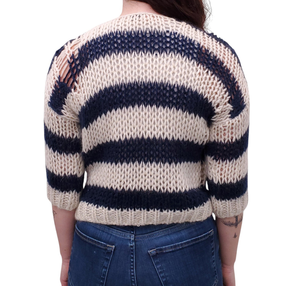 SAINT LAURENT STRIPED SHORT SLEEVE KNIT SWEATER - SIZE M
