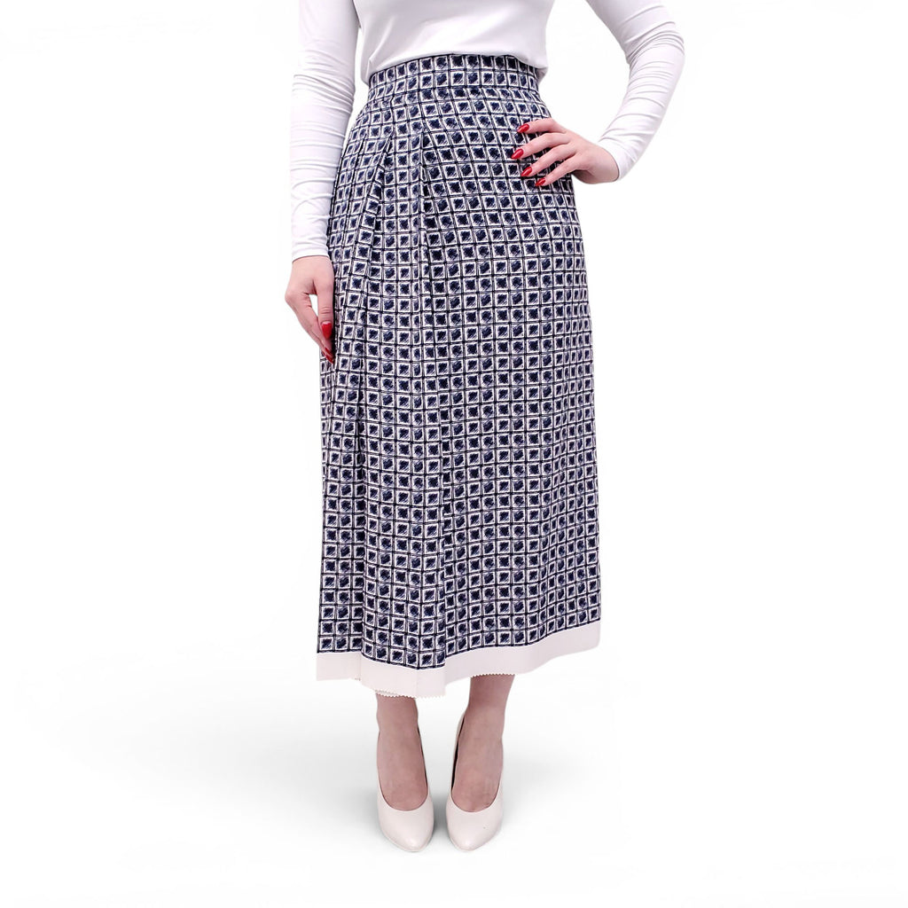 SALVATORE FERRAGAMO NAVY TILE PATTERNED SKIRT - SIZE 48