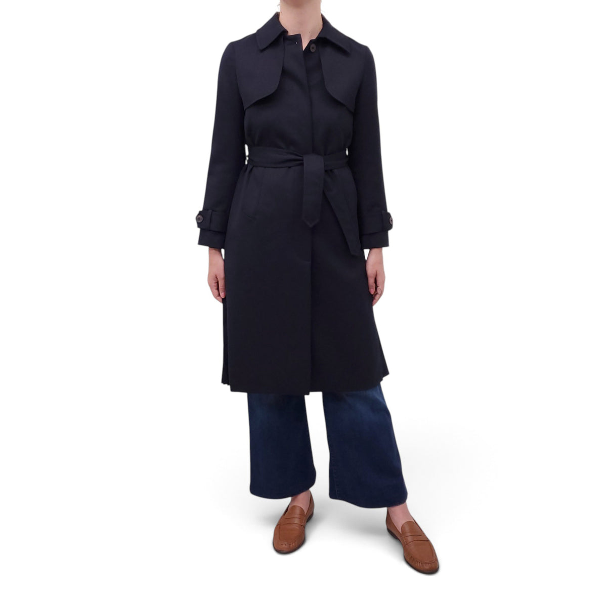 SANDRO NAVY PLEATED TRENCH COAT - SIZE 34