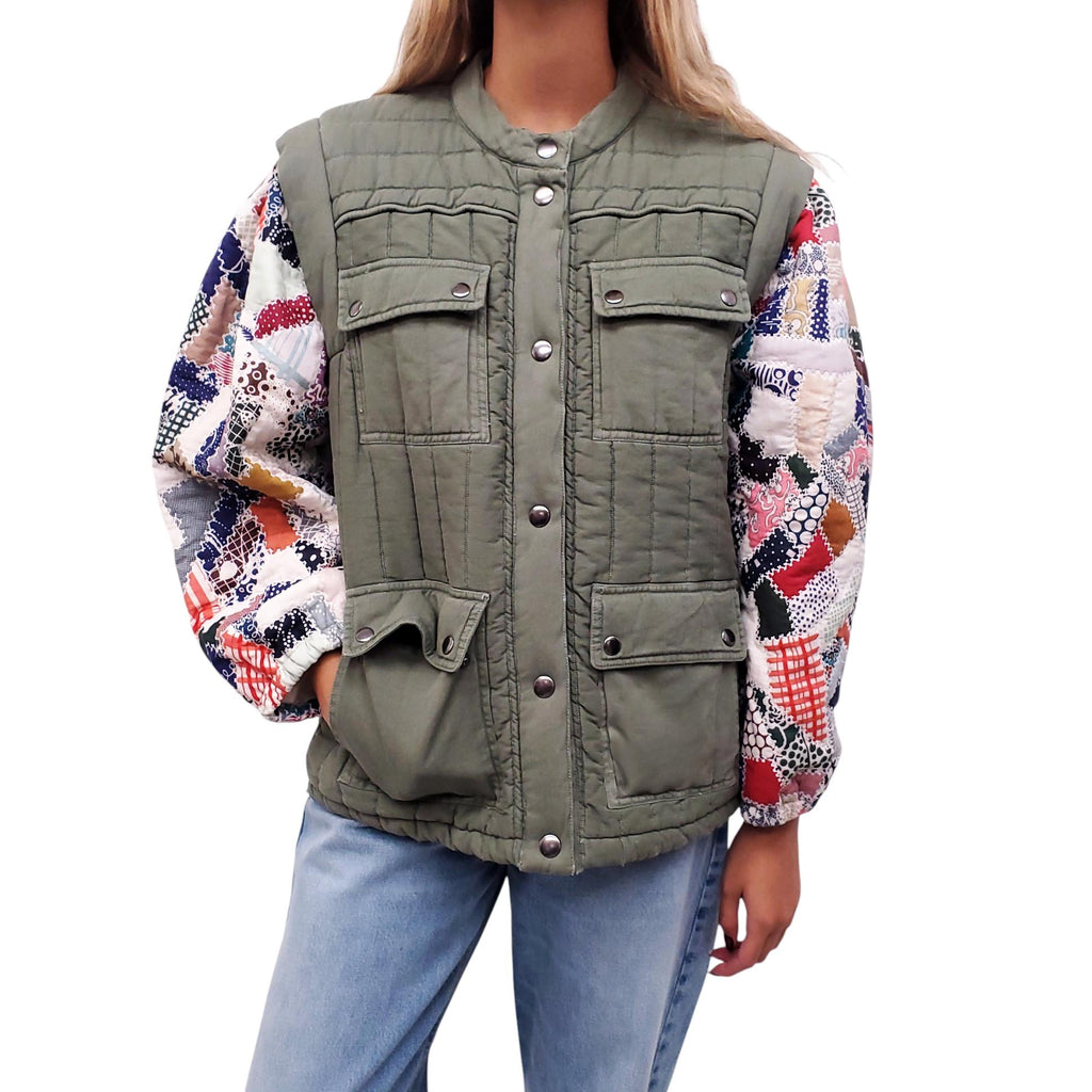 SEA NEW YORK KHAKI JACKET WITH MULTICOLOURED SLEEVE DETAILS - SIZE XS