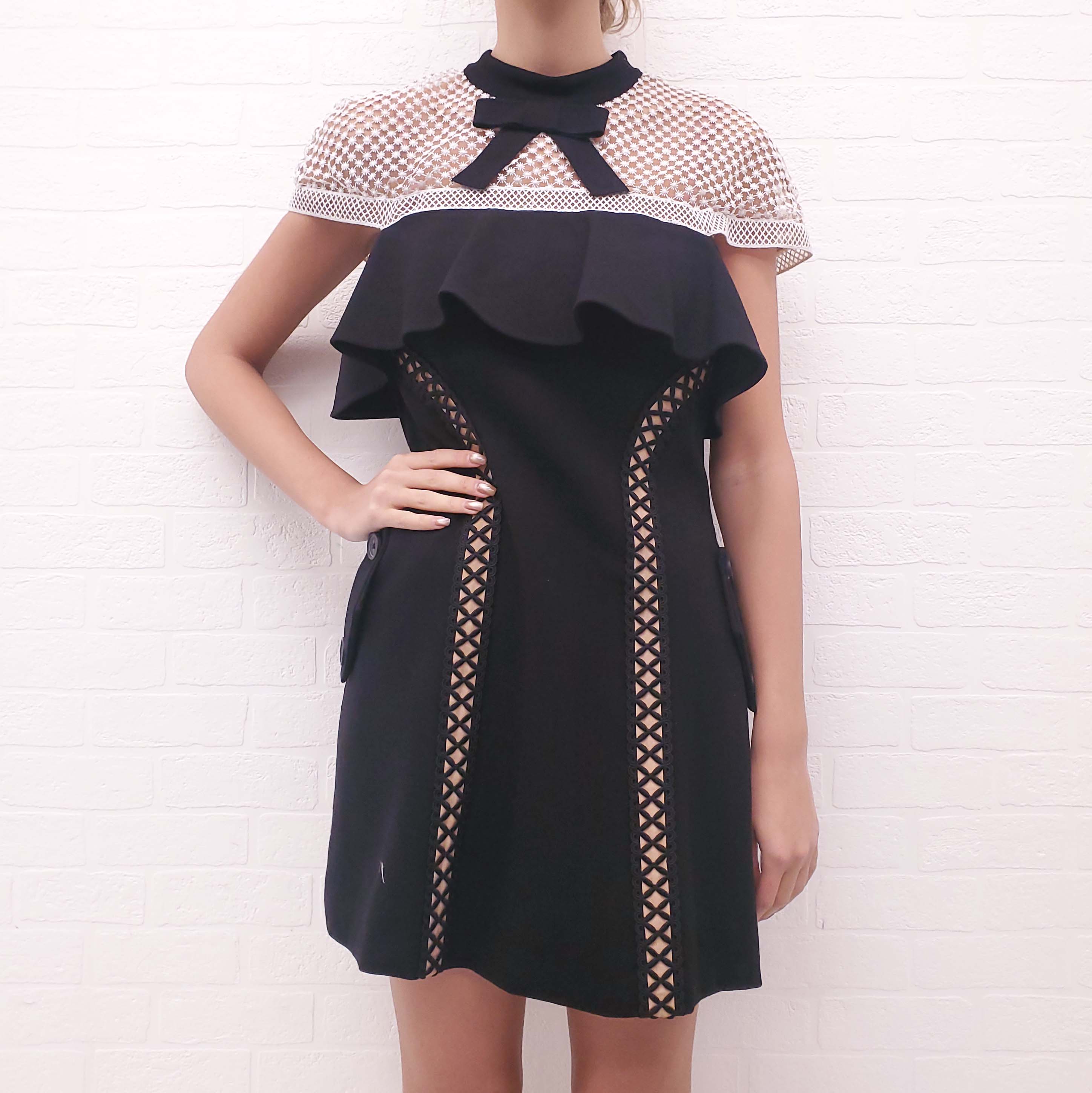 SELF-PORTRAIT BLACK AND WHITE EYELET DRESS WITH BOW - SIZE 8