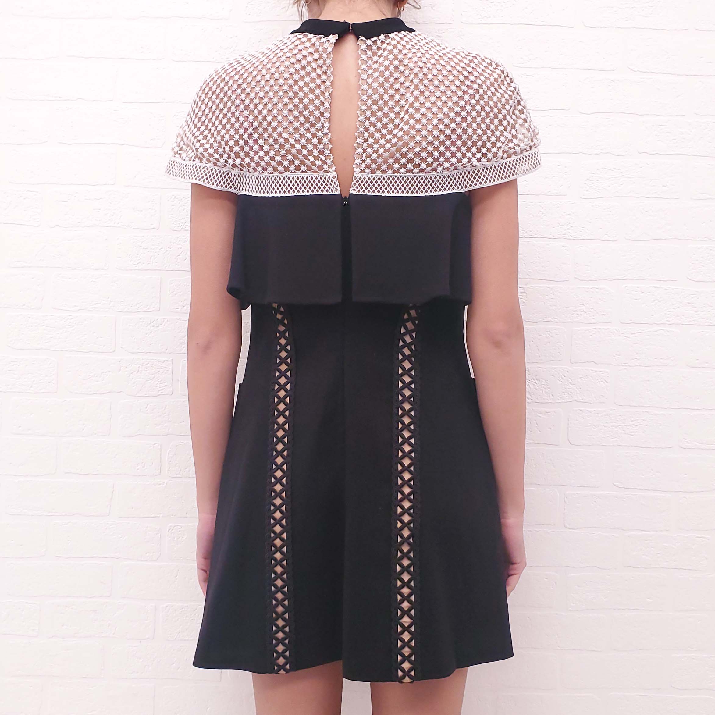 SELF-PORTRAIT BLACK AND WHITE EYELET DRESS WITH BOW - SIZE 8