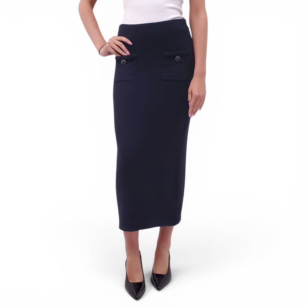 SELF-PORTRAIT NAVY KNIT MAXI SKIRT WITH CRYSTAL POCKET DETAILS - SIZE L