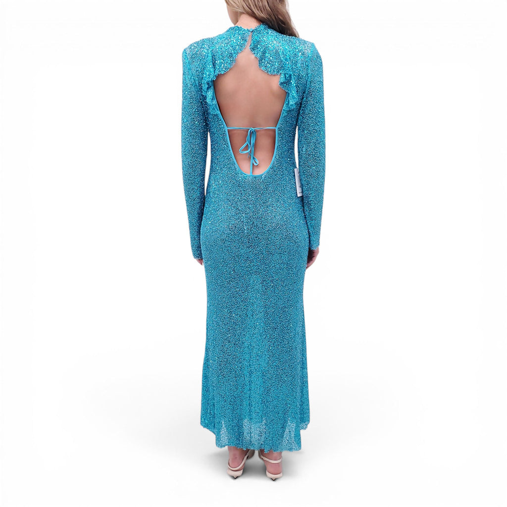 SELF-PORTRAIT TURQUOISE SEQUIN OPEN-BACK MAXI DRESS - SIZE US 10