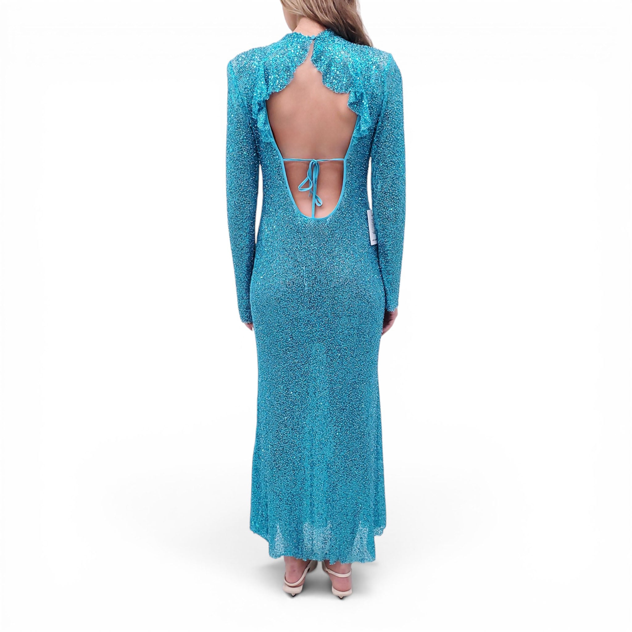 SELF-PORTRAIT TURQUOISE SEQUIN OPEN-BACK MAXI DRESS - SIZE US 10