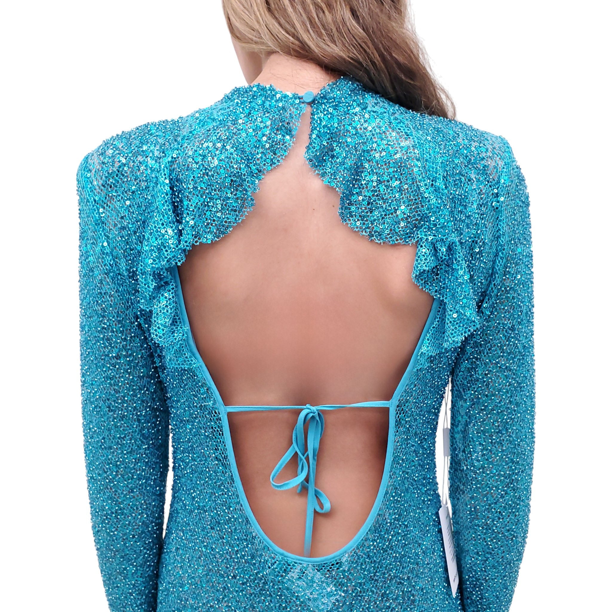 SELF-PORTRAIT TURQUOISE SEQUIN OPEN-BACK MAXI DRESS - SIZE US 10