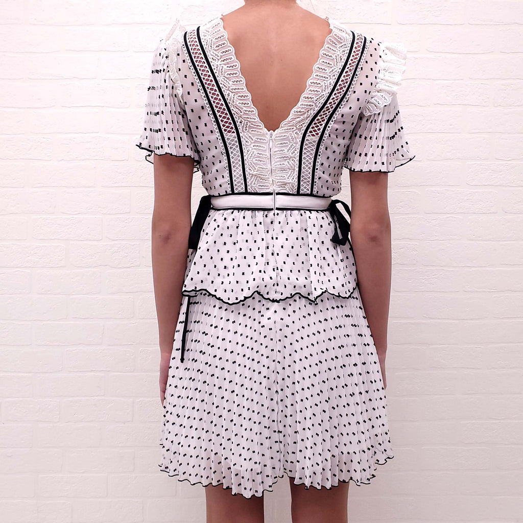 SELF-PORTRAIT WHITE AND BLACK POLKA DOT RUFFLE DRESS - SIZE 2