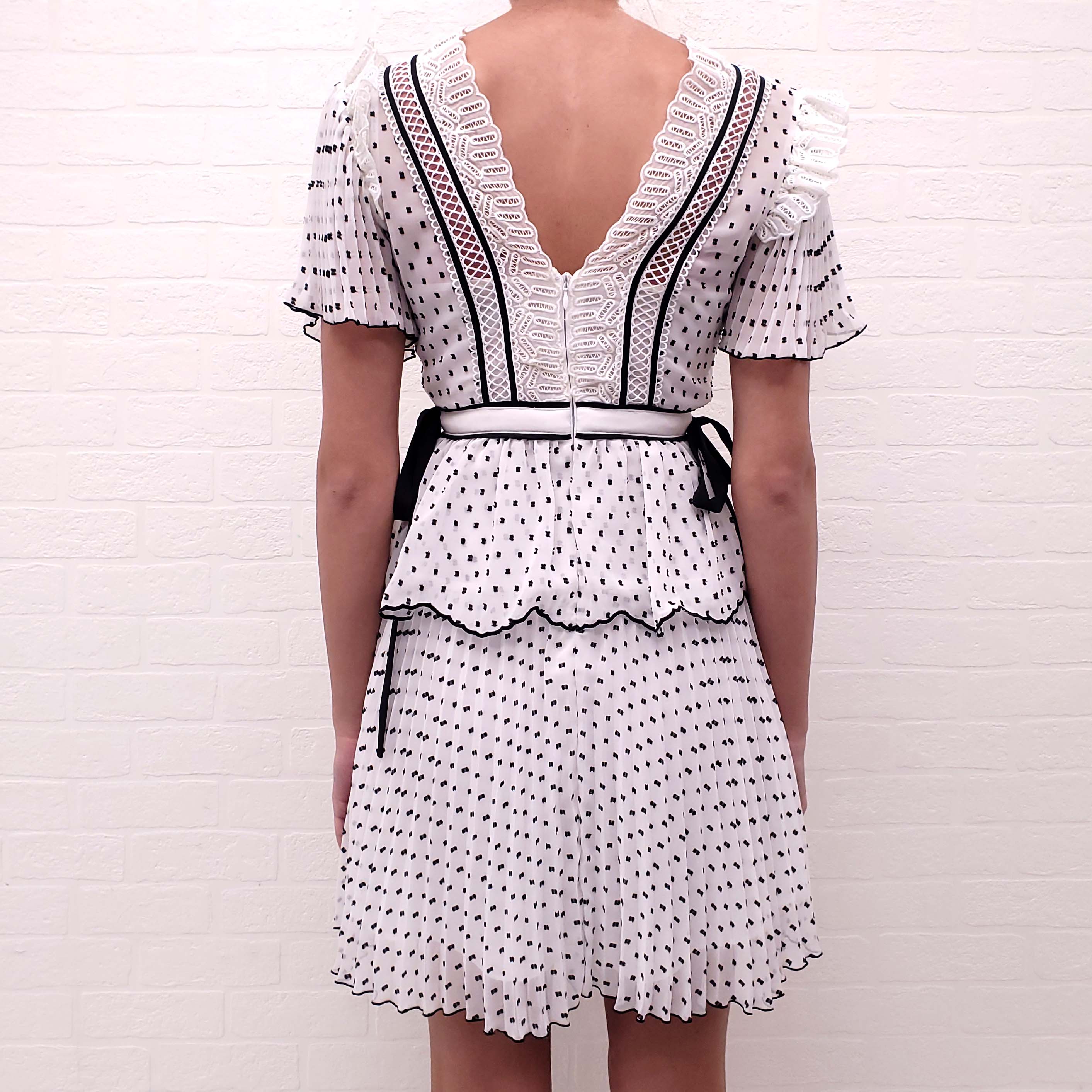 SELF-PORTRAIT WHITE AND BLACK POLKA DOT RUFFLE DRESS - SIZE 2