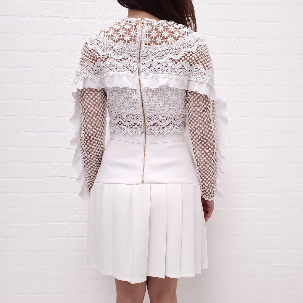SELF PORTRAIT WHITE LACE TOP DRESS WITH PLEATED BOTTOM DETAIL - SIZE 4