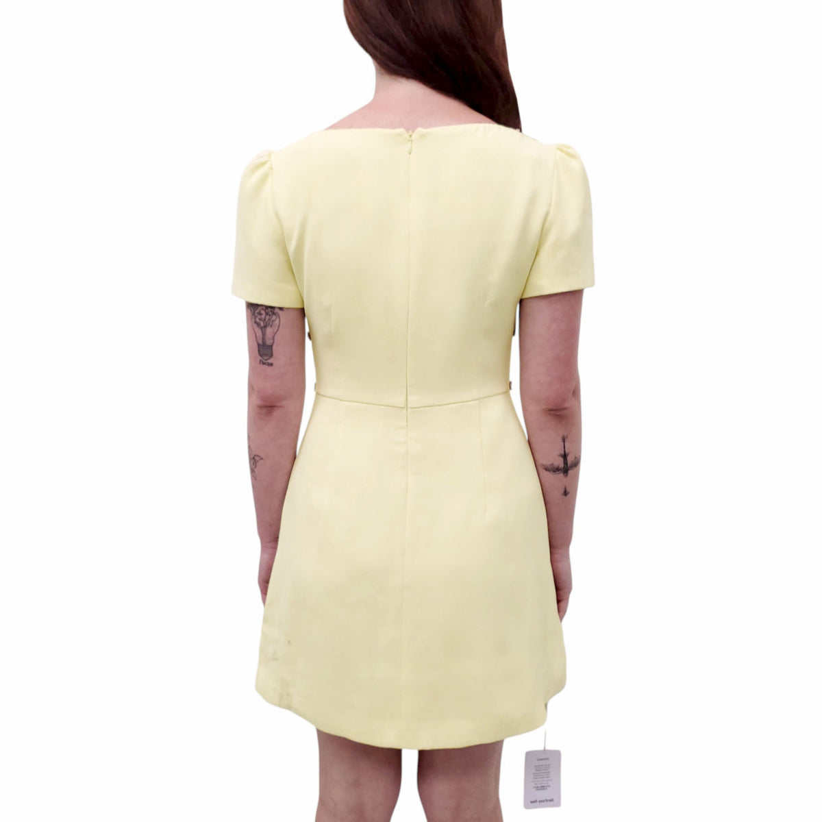 SELF PORTRAIT YELLOW CREPE CRYSTAL TRIM MINI DRESS - SIZE 6
