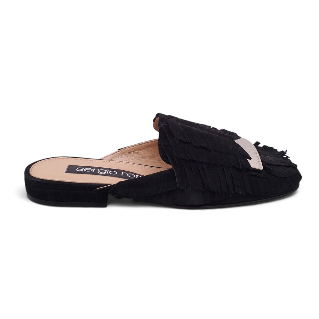 SERGIO ROSSI BLACK SUEDE FRINGE SLIDES