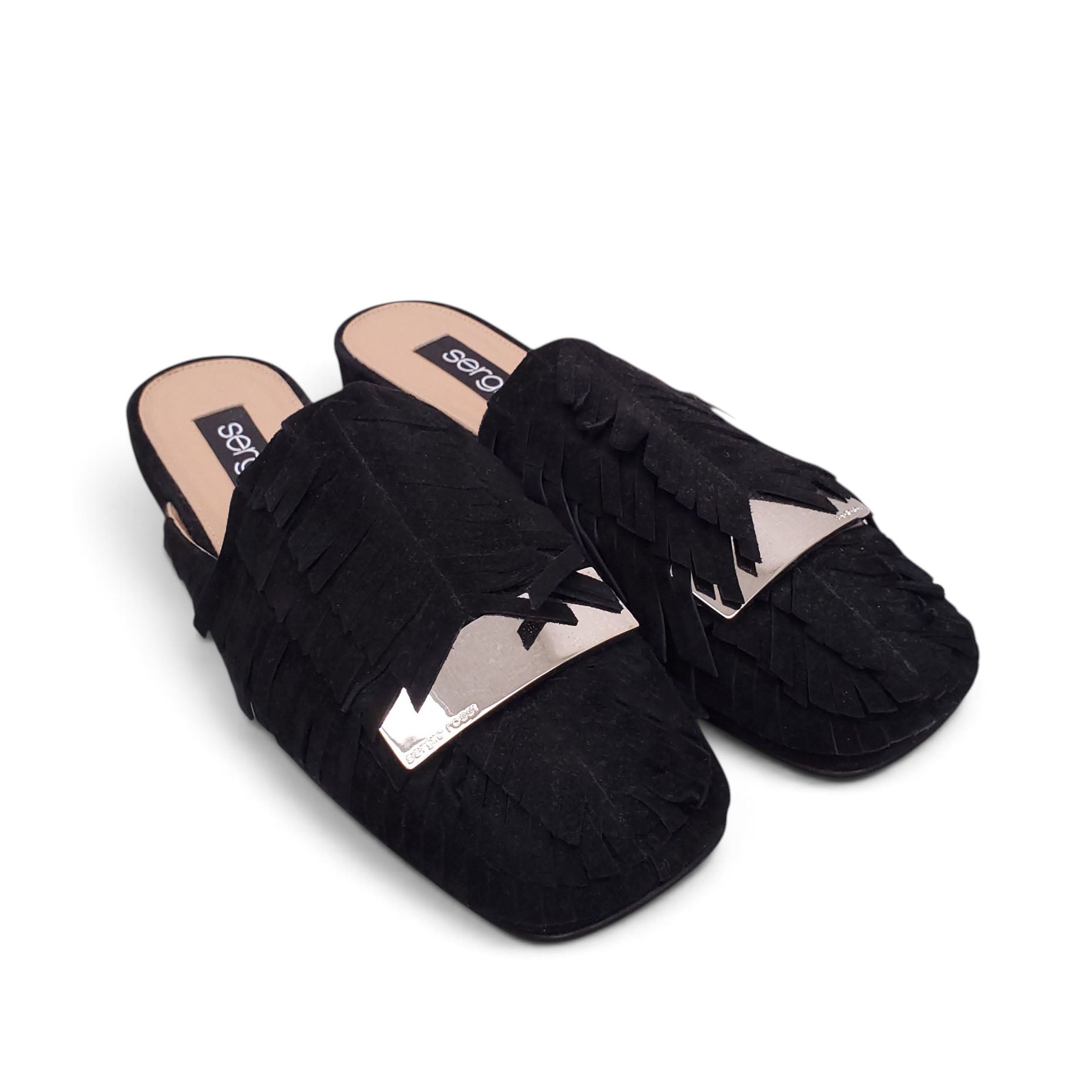 SERGIO ROSSI BLACK SUEDE FRINGE SLIDES