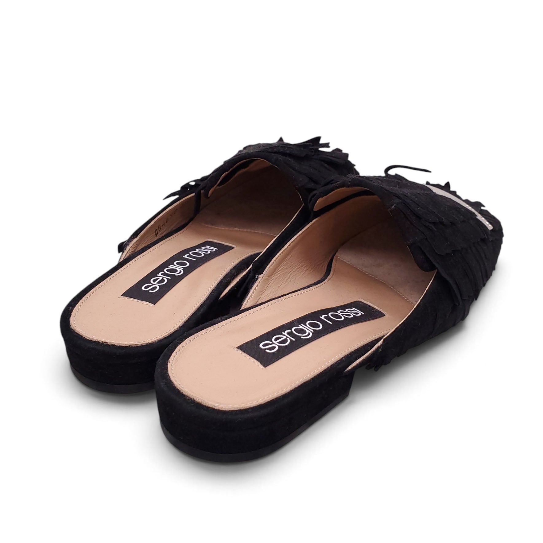 SERGIO ROSSI BLACK SUEDE FRINGE SLIDES