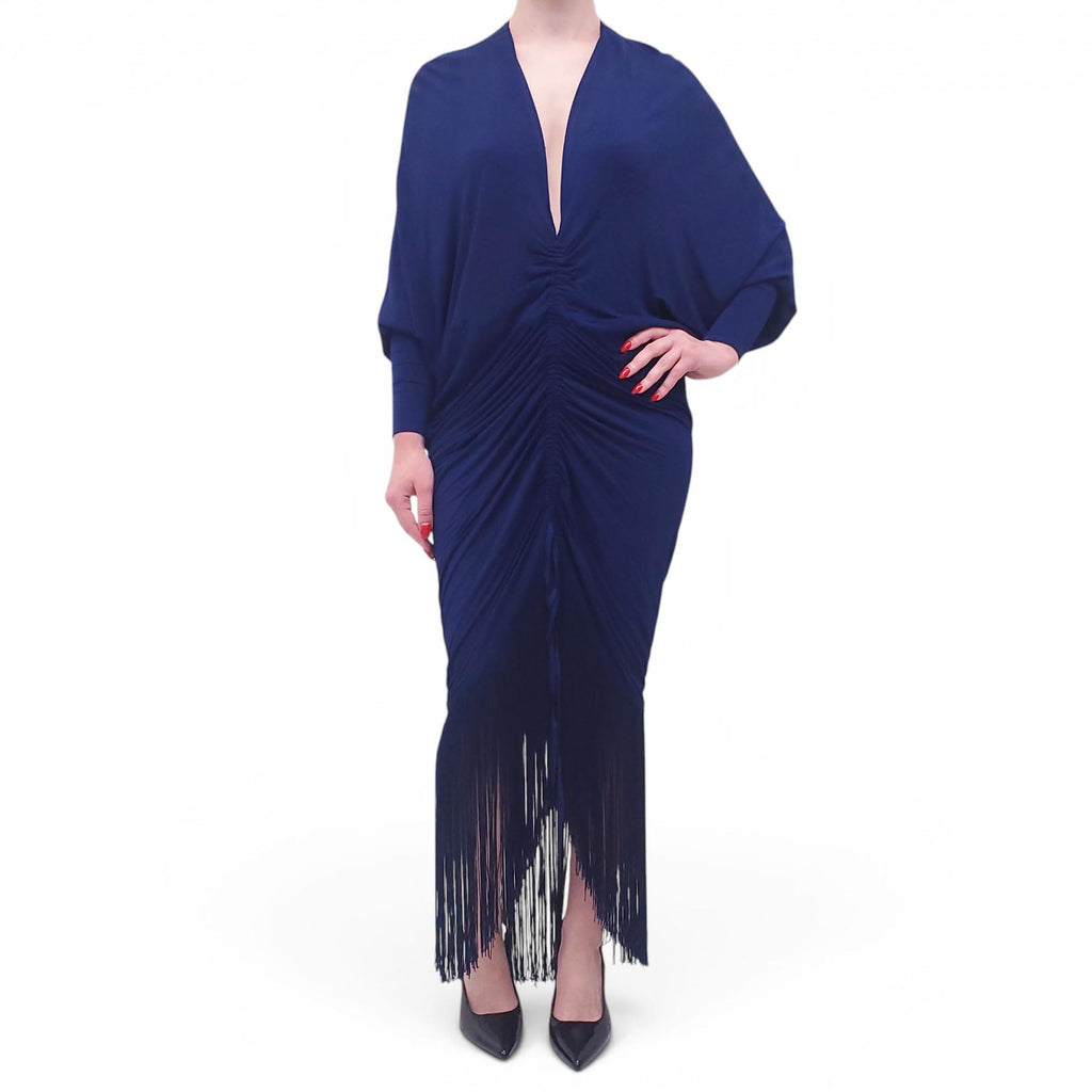 SILVIA TCHERASSI BLUE RUCHED DRESS WITH FRINGE - SIZE L