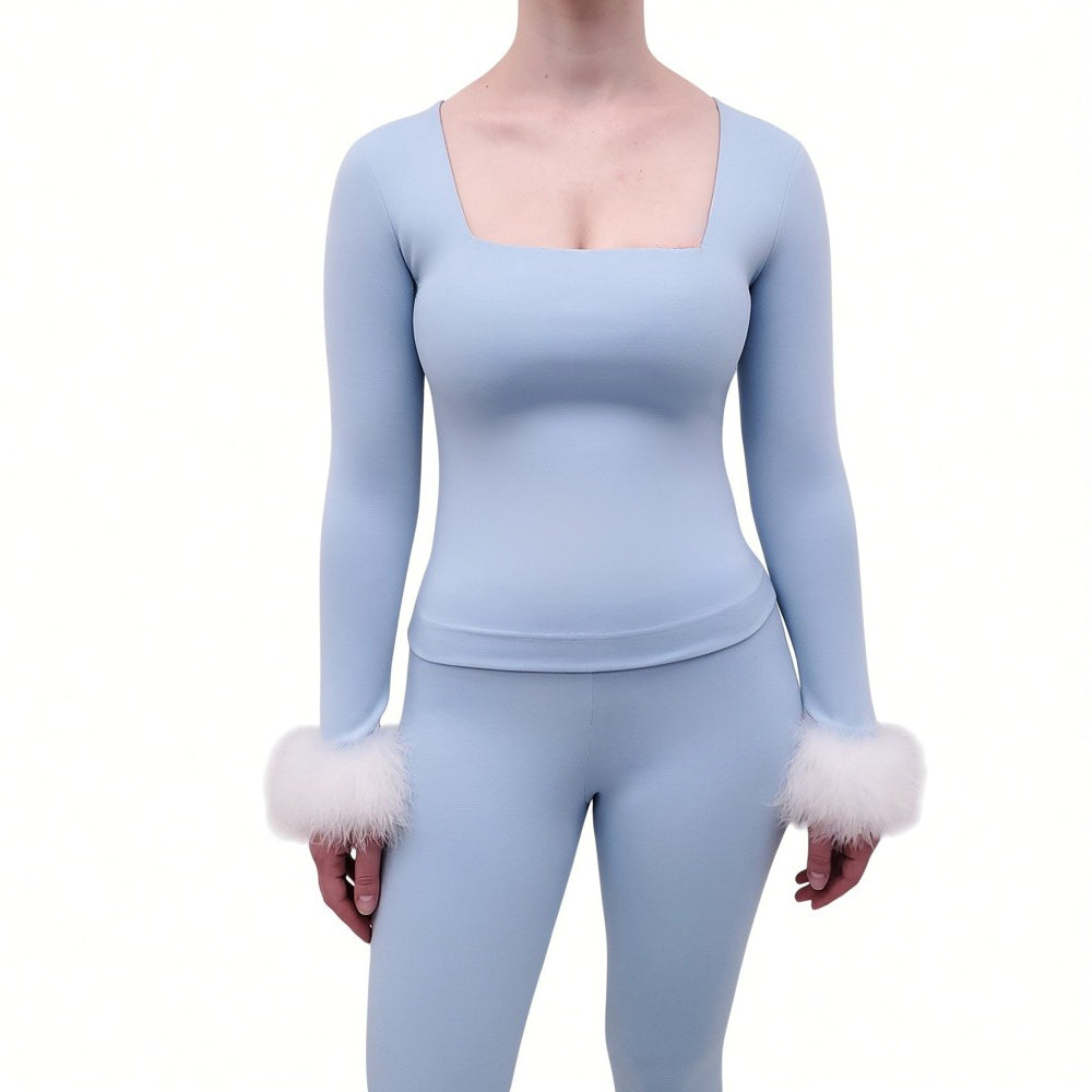 SLEEPER BLUE LOUNGE SET WITH WHITE FEATHER DETAILS - SIZE S