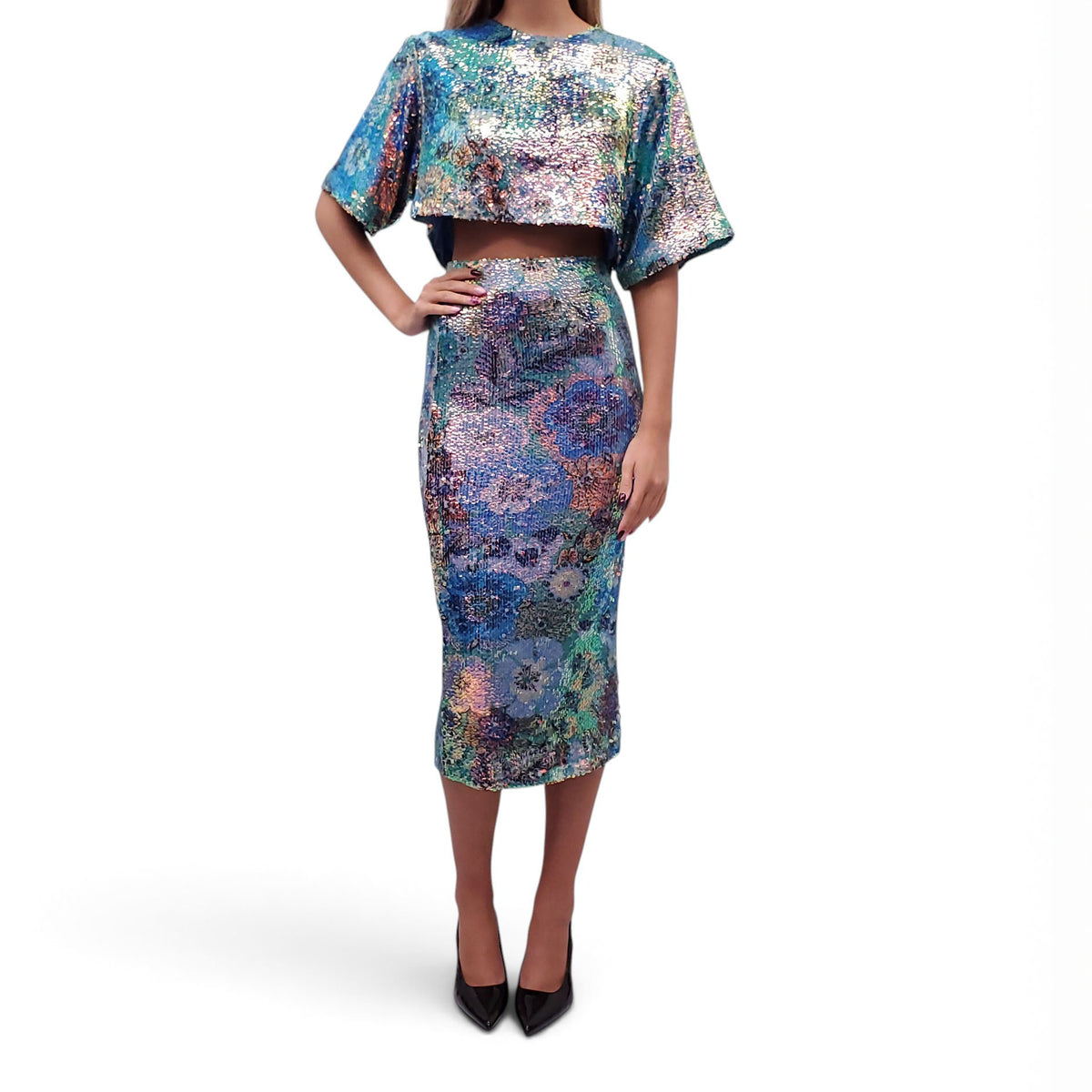SMYTHE 2-PIECE SEQUIN FLORAL SET - SIZE XS