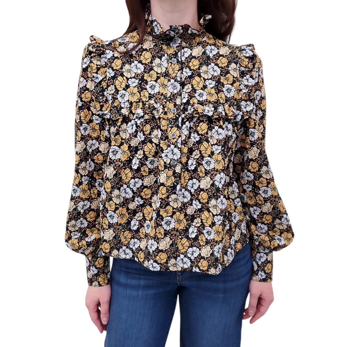 SMYTHE BLACK AND YELLOW FLORAL BLOUSE - SIZE M