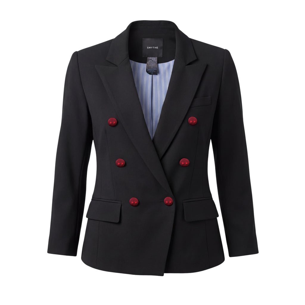 SMYTHE BLACK JACKET WITH RED BUTTON AND SHIRT STRIPED DETAILED LINING - SIZE 6