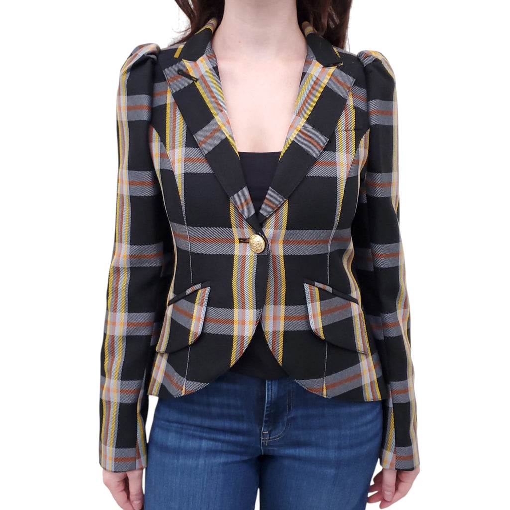 SMYTHE BLACK, YELLOW AND BROWN PLAID BLAZER - SIZE 8