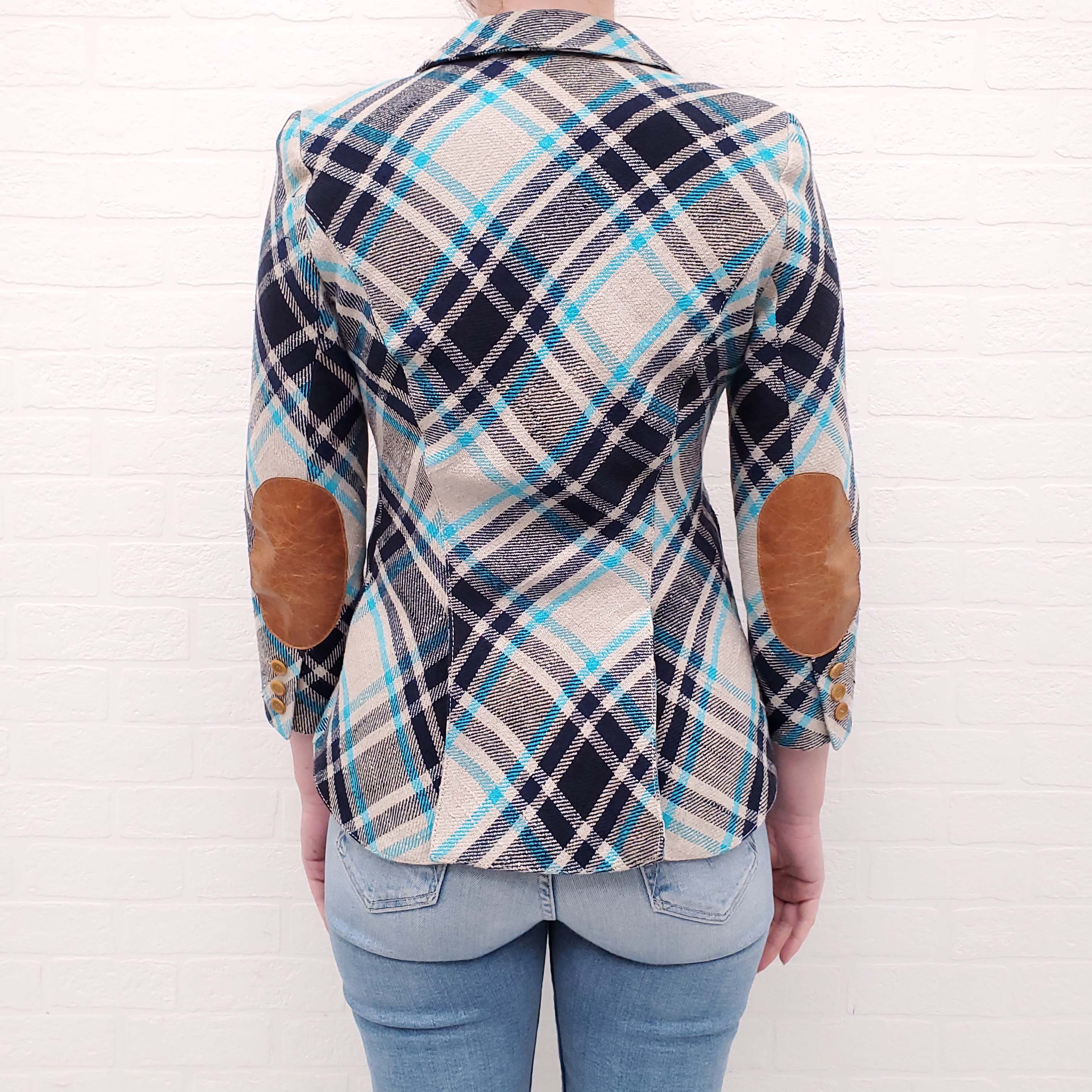 SMYTHE BLUE AND NAVY PLAID BLAZER WITH LEATHER SLEEVE DETAIL - SIZE 4