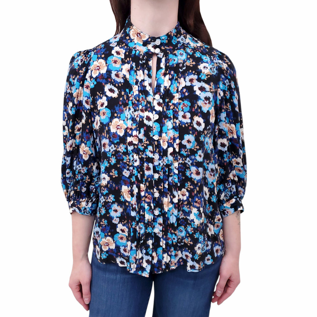 SMYTHE BLUE FLORAL BLOUSE WITH PLEATED DETAIL - SIZE S