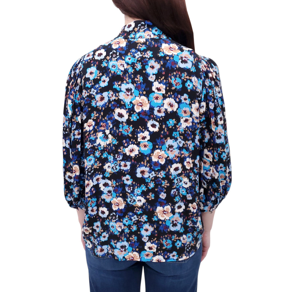 SMYTHE BLUE FLORAL BLOUSE WITH PLEATED DETAIL - SIZE S