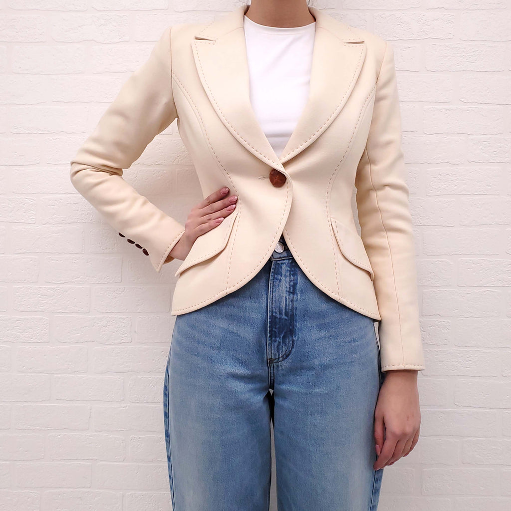 SMYTHE CREAM JACKET WITH BROWN PIPING AND LEATHER BUTTON - SIZE 4