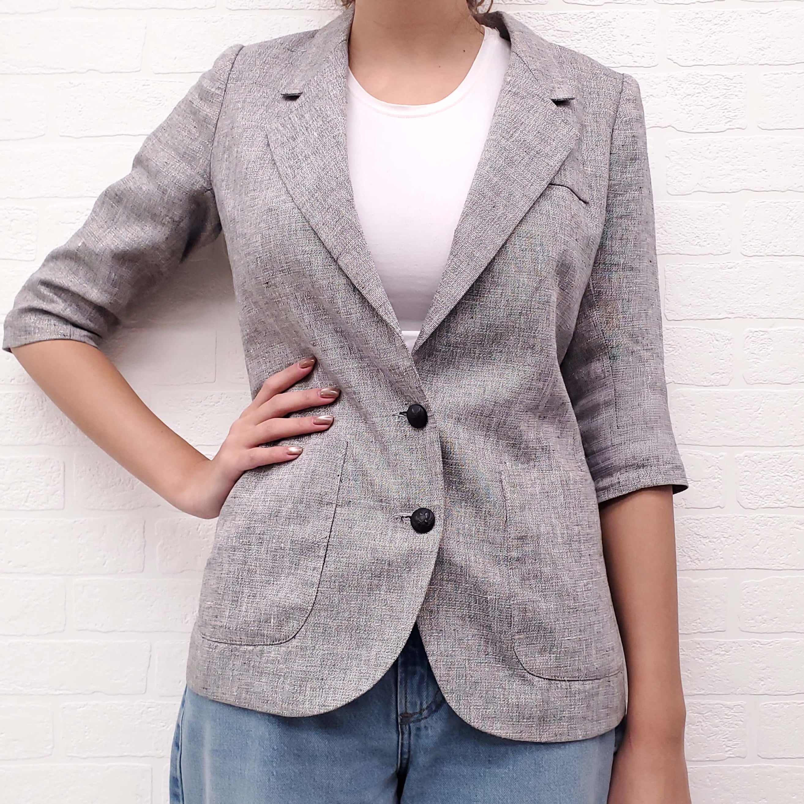 SMYTHE GREY SHIMMER BLAZER WITH ROUCHED SLEEVES - SIZE 2