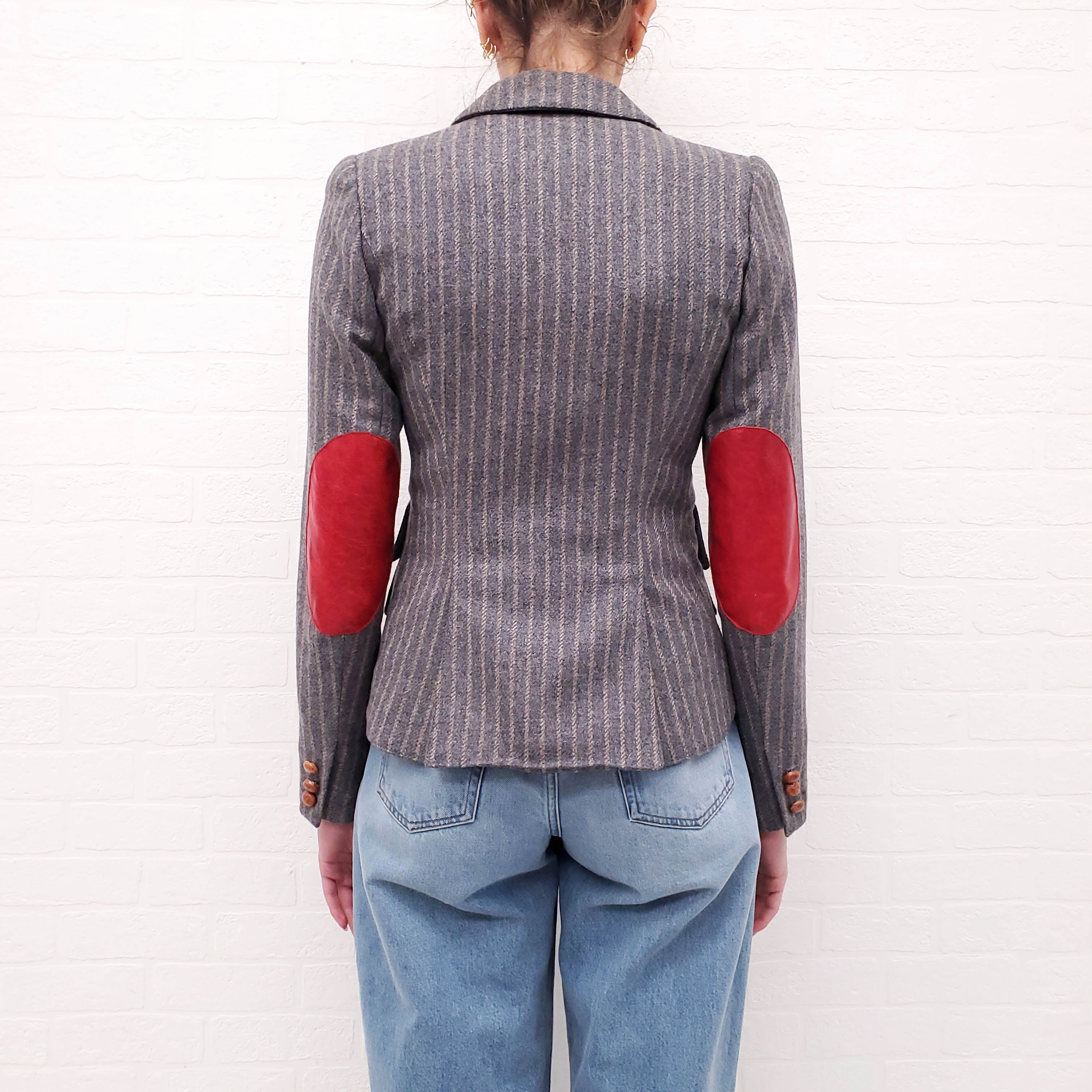 SMYTHE GREY STRIPED BLAZER WITH RED LEATHER ELBOW DETAIL - SIZE 4
