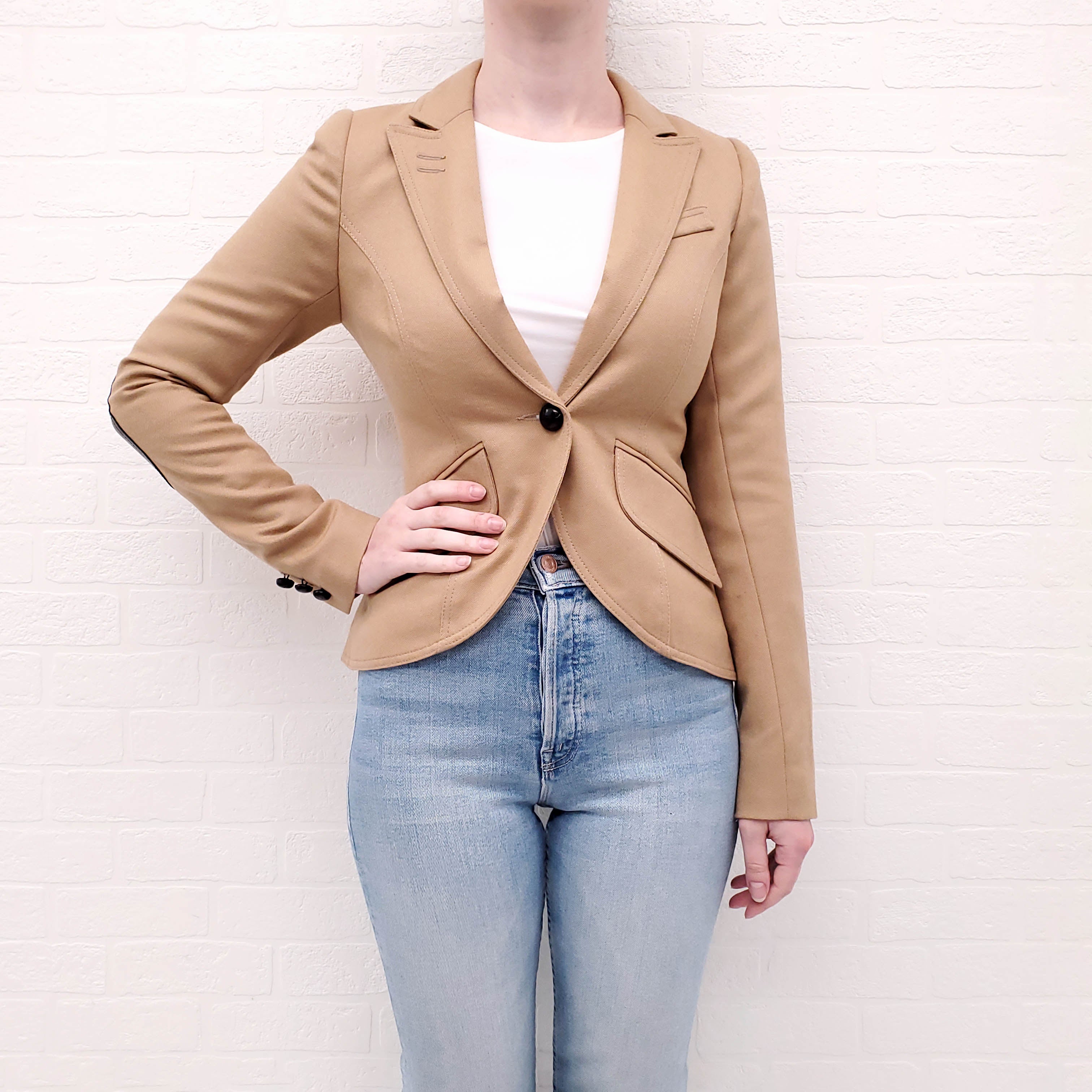 SMYTHE KHAKI WOOL BLAZER WITH LEATHER ELBOW DETAIL - SIZE 4