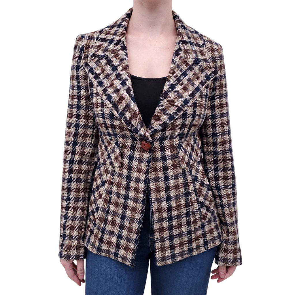 SMYTHE KHAKI, NAVY AND BURGUNDY PLAID BLAZER - SIZE 4