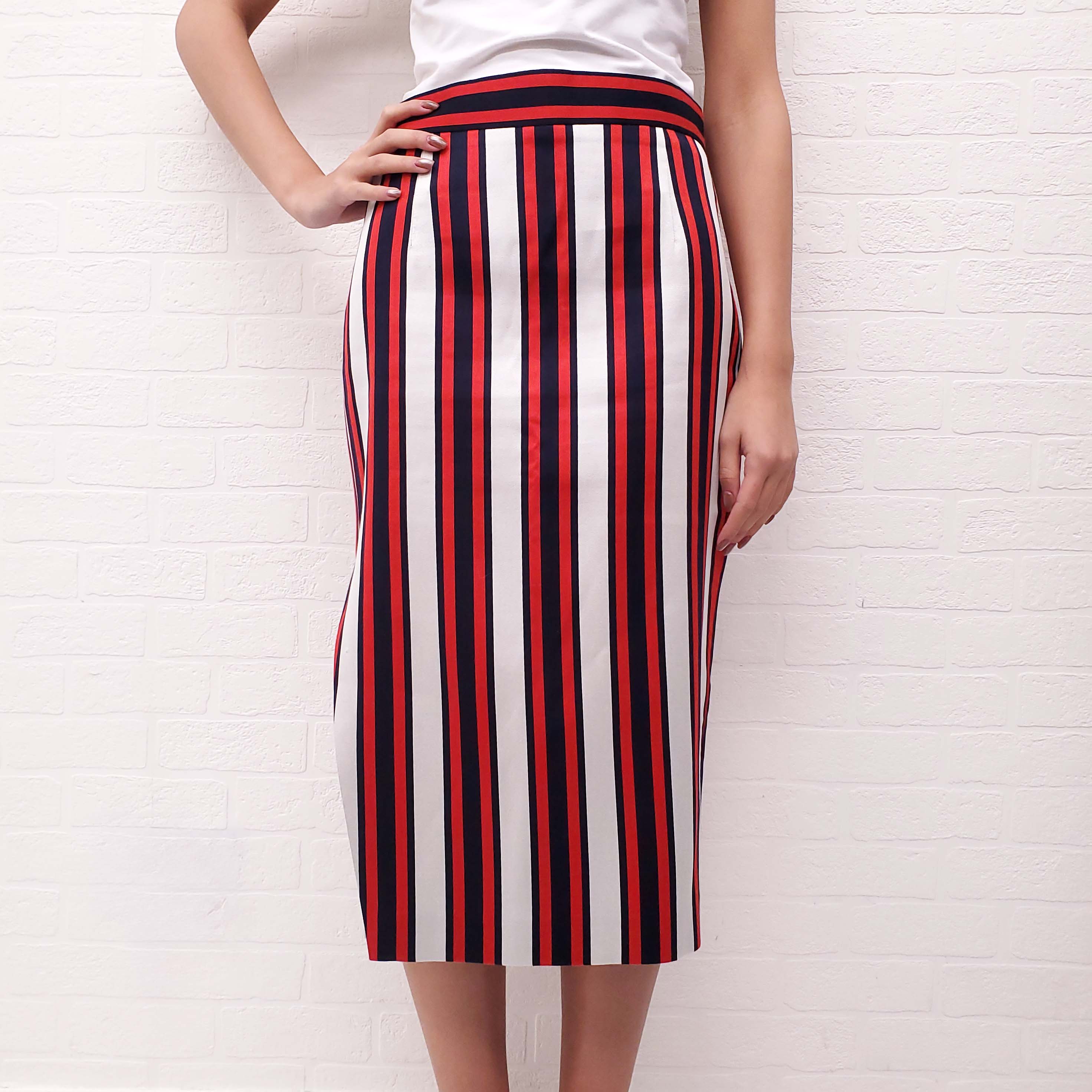 SMYTHE KHAKI, NAVY AND RED PENCIL SKIRT - SIZE 6