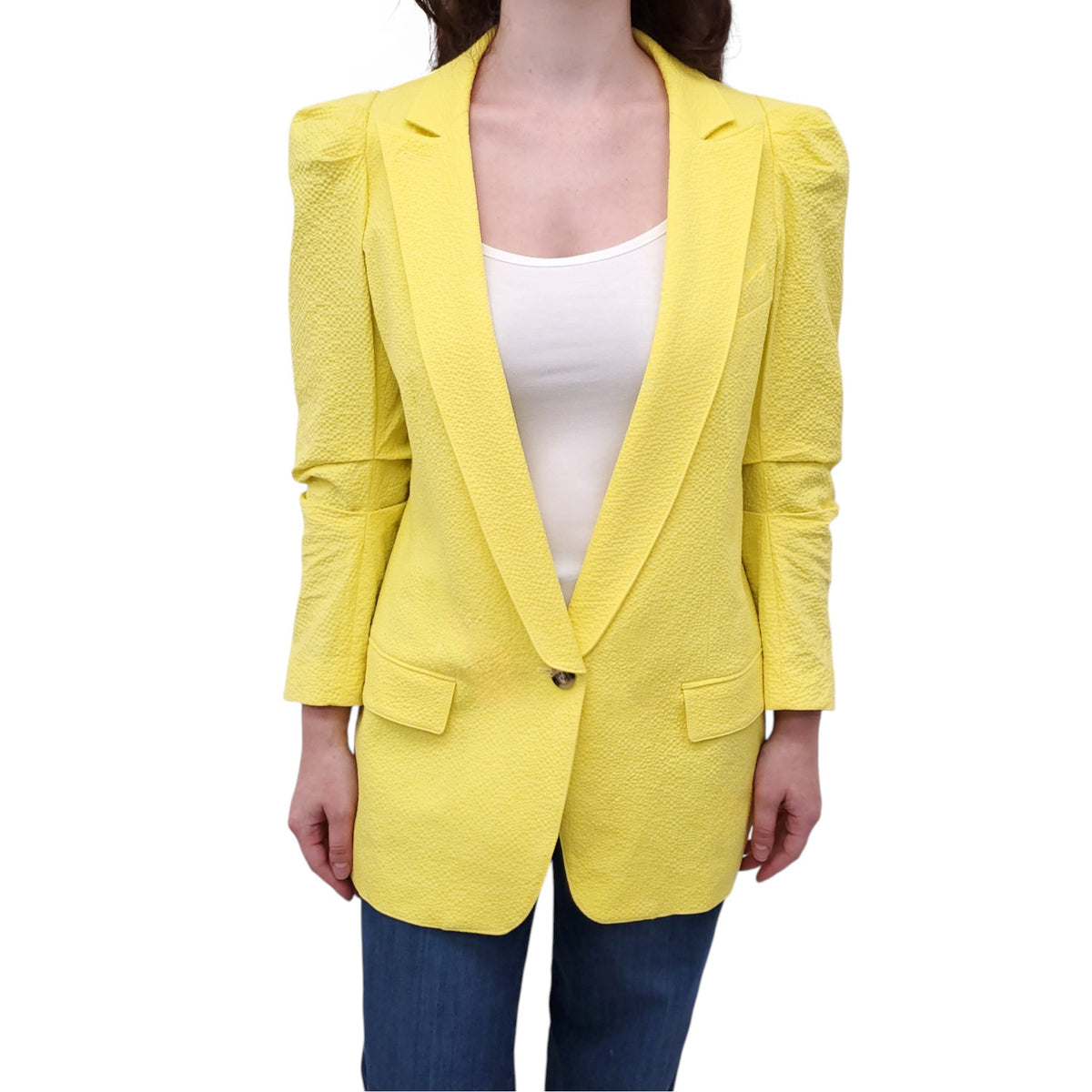 SMYTHE NEON YELLOW BLAZER WITH PUFF SHOULDER DETAIL - SIZE 10