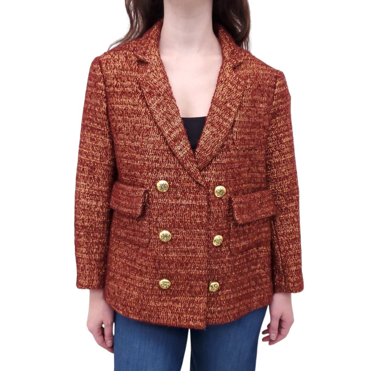 SMYTHE ORANGE AND GOLD METALLIC TWEED JACKET - SIZE 8