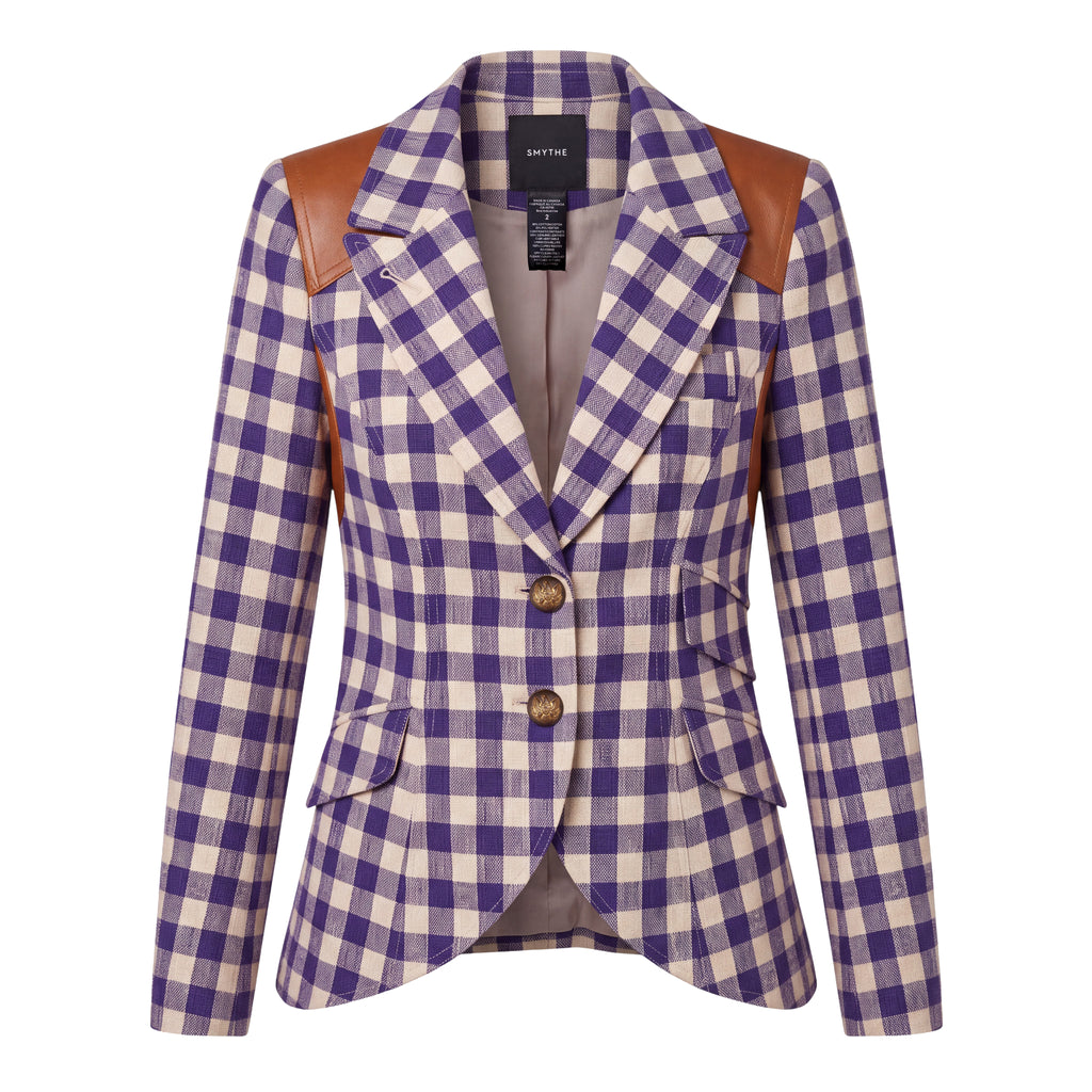 SMYTHE PURPLE PLAID DUTCHESS BLAZER WITH LEATHER DETAIL - SIZE 2