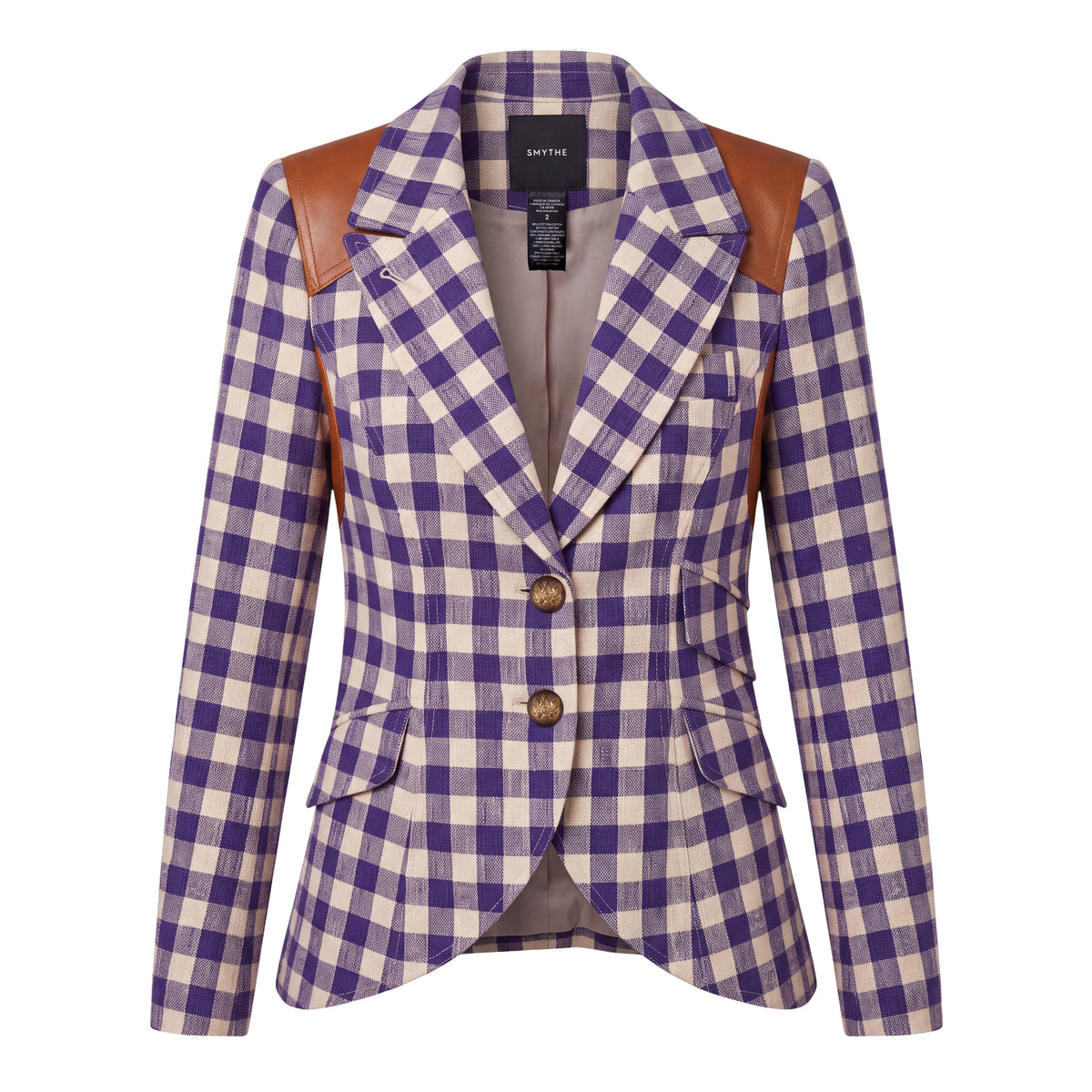 SMYTHE PURPLE PLAID DUTCHESS BLAZER WITH LEATHER DETAIL - SIZE 2