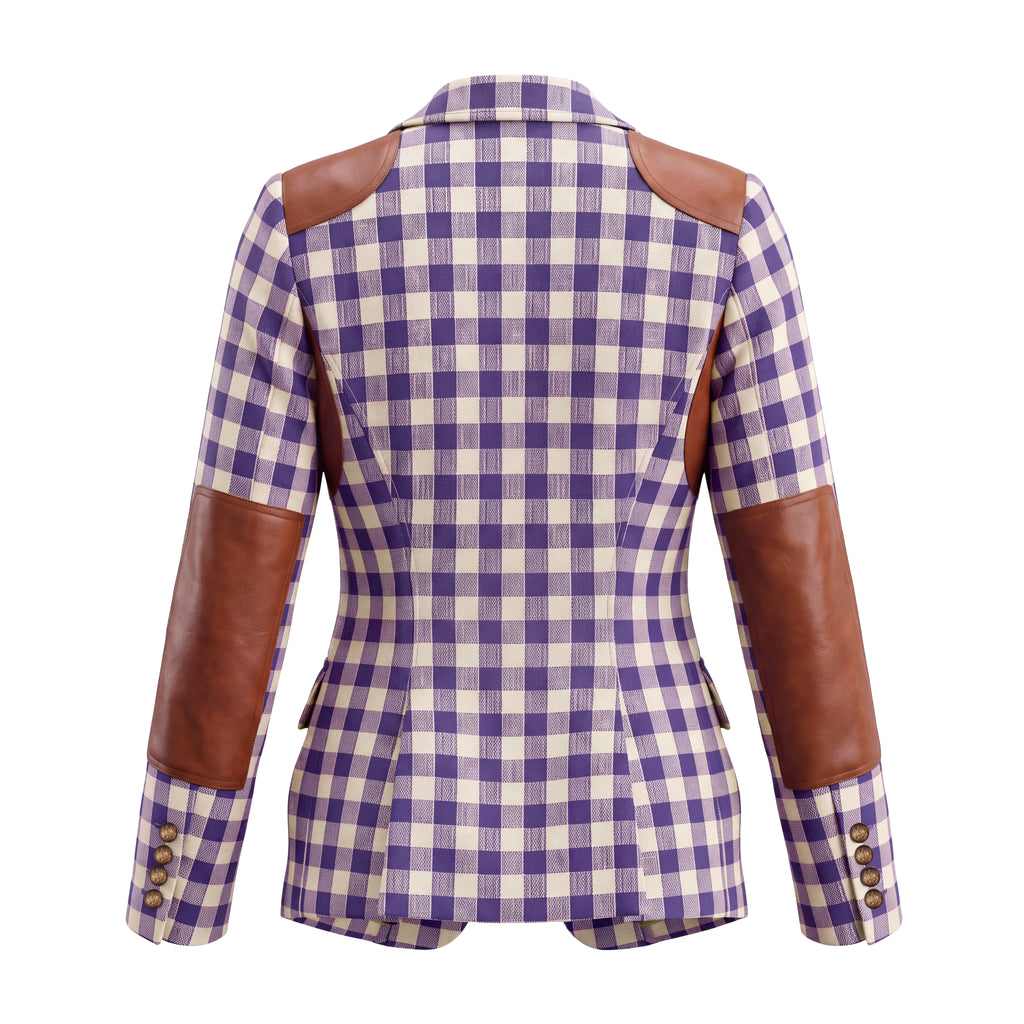SMYTHE PURPLE PLAID DUTCHESS BLAZER WITH LEATHER DETAIL - SIZE 2