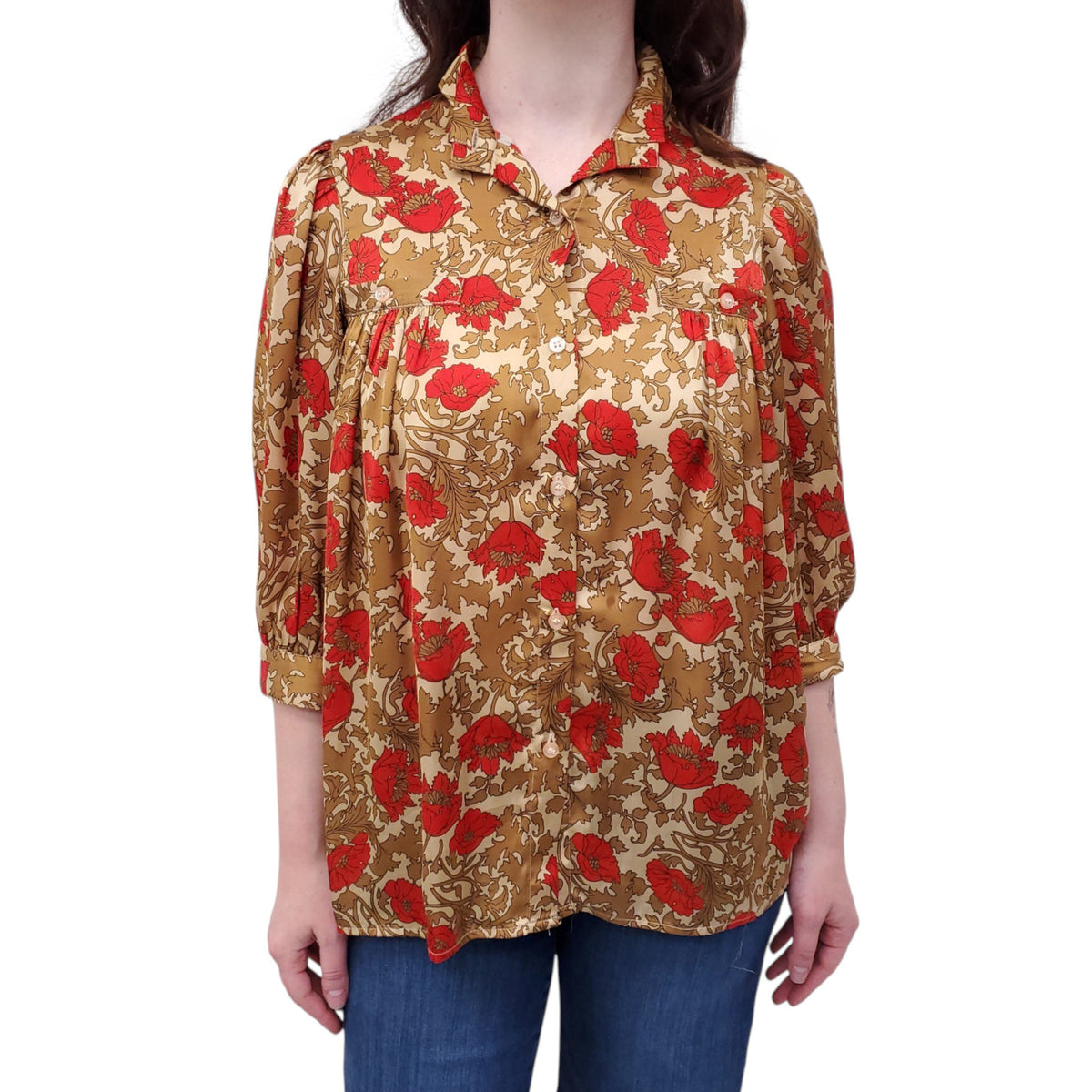SMYTHE RED AND BROWN FLORAL BLOUSE - SIZE S