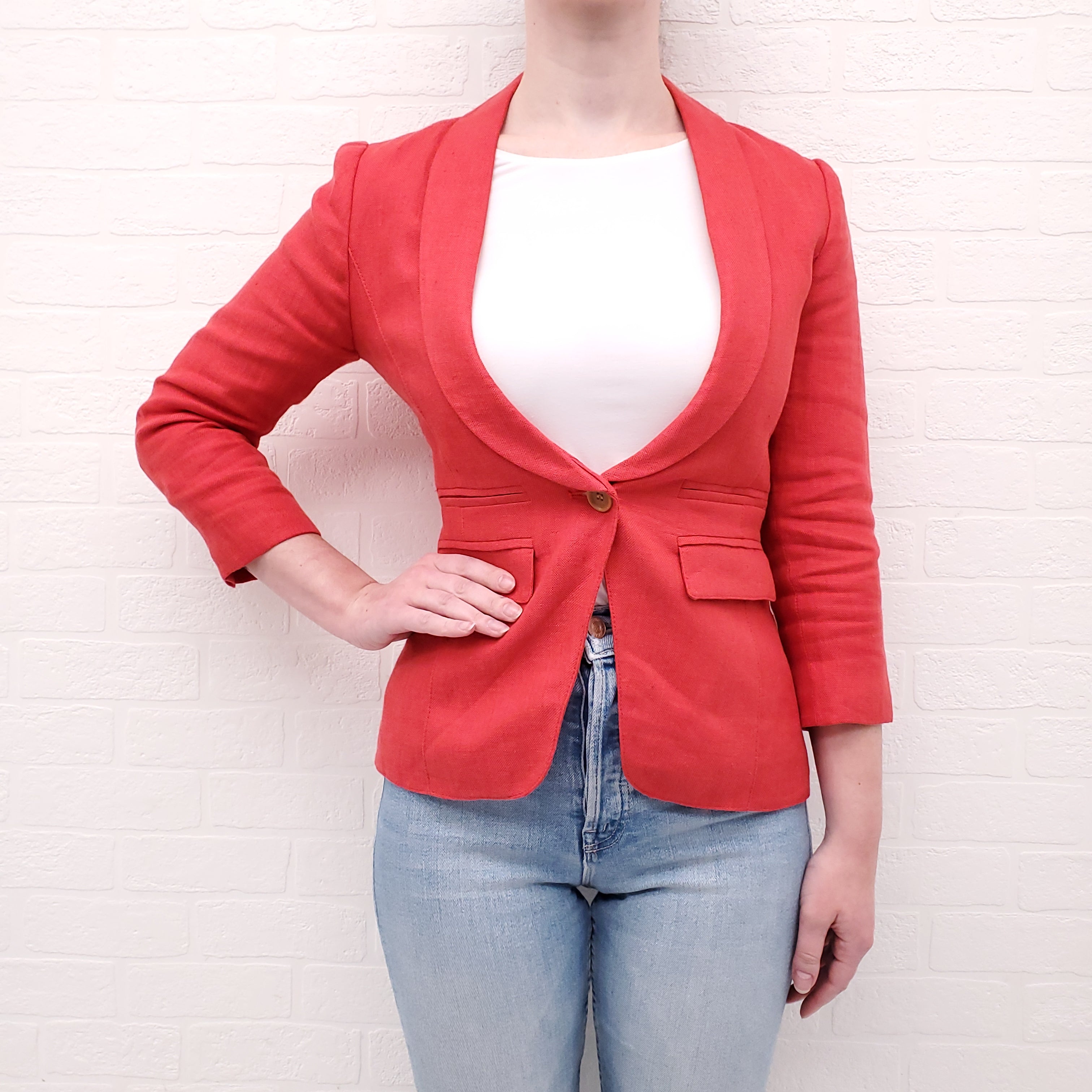 SMYTHE RED LINEN 3/4 BLAZER - SIZE 4