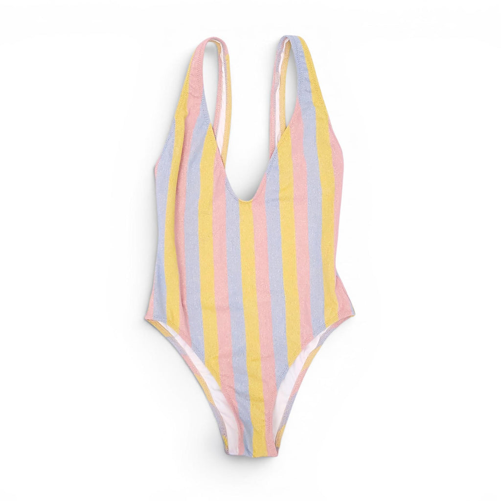 SOLID & STRIPED PINK, BLUE, AND YELLOW STRIPED ONE-PIECE SWIMSUIT - SIZE S