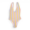 SOLID & STRIPED PINK, BLUE, AND YELLOW STRIPED ONE-PIECE SWIMSUIT - SIZE S