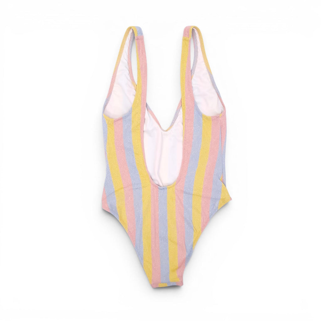 SOLID & STRIPED PINK, BLUE, AND YELLOW STRIPED ONE-PIECE SWIMSUIT - SIZE S