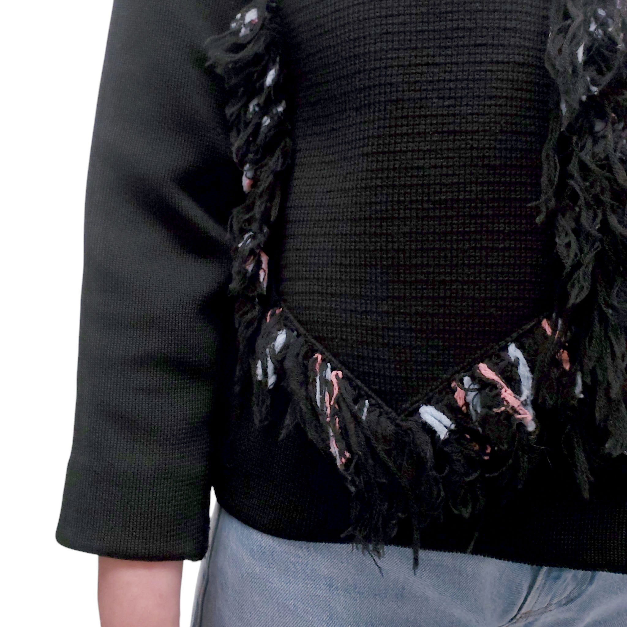 SONIA RYKIEL BLACK CARDIGAN WITH BLUE AND PINK FRINGE DETAILS - SIZE S