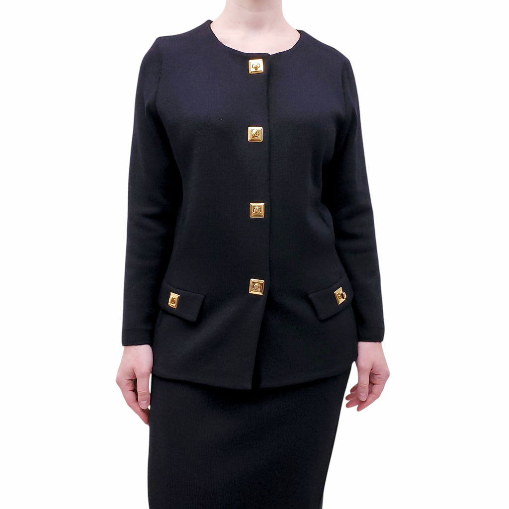 ST. JOHN COLLECTION BLACK SKIRT SET WITH GOLD BUTTONS - SIZE 8