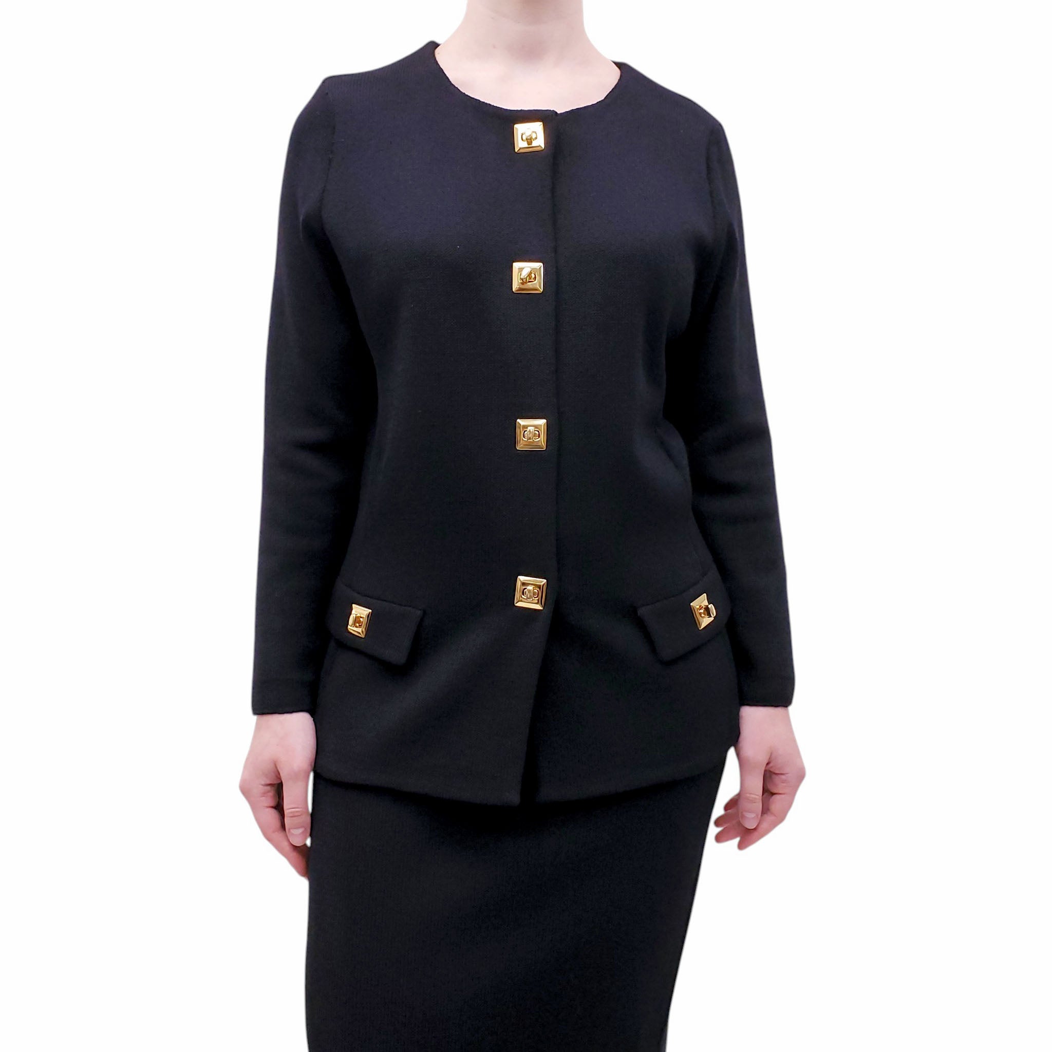 ST. JOHN COLLECTION BLACK SKIRT SET WITH GOLD BUTTONS - SIZE 8
